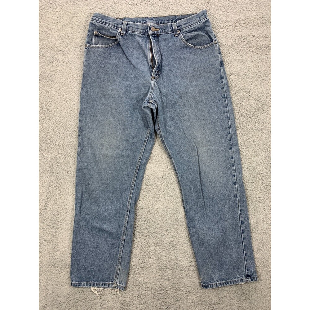 WRANGLER 38x32 Distressed Straight Leg Denim Blue Jeans 5-Pocket Design FLAWED